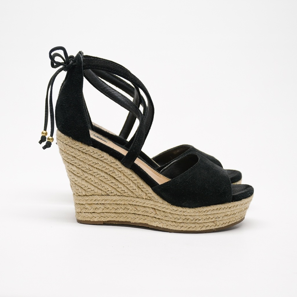 UGG Women's Reagan Wedge Espadrille Black Suede 4" Heel Sandal Size 8½